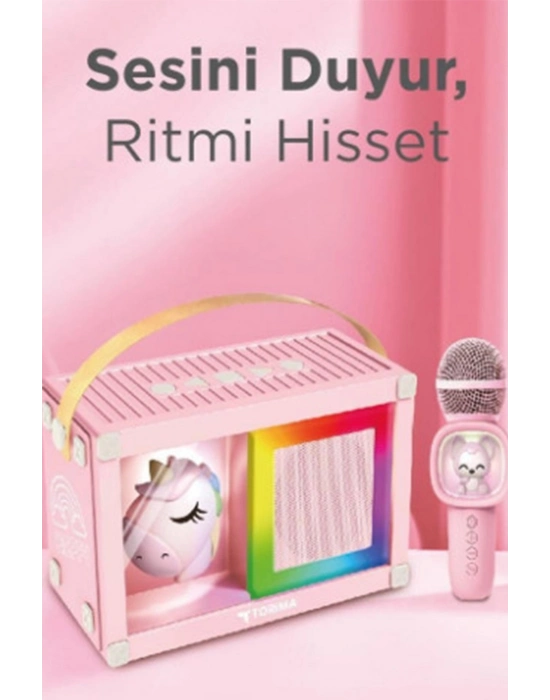 ÇOK SATAN Taşınabilir Rgb Işılı Sevimli Figürlü Mikrofonlu Karaoke Bluetooth Hoparlör Pembe