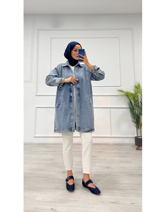 Taşlı tunik ceket kar yıkama orta mavi d2516