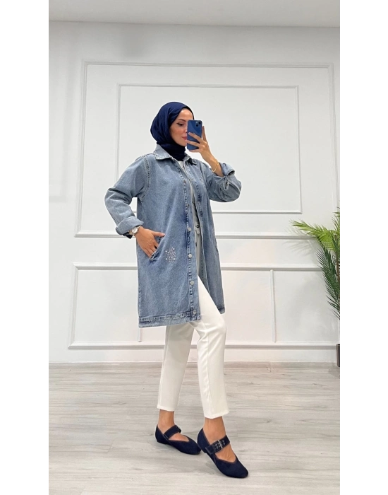 Taşlı tunik ceket kar yıkamalı mavi d2516