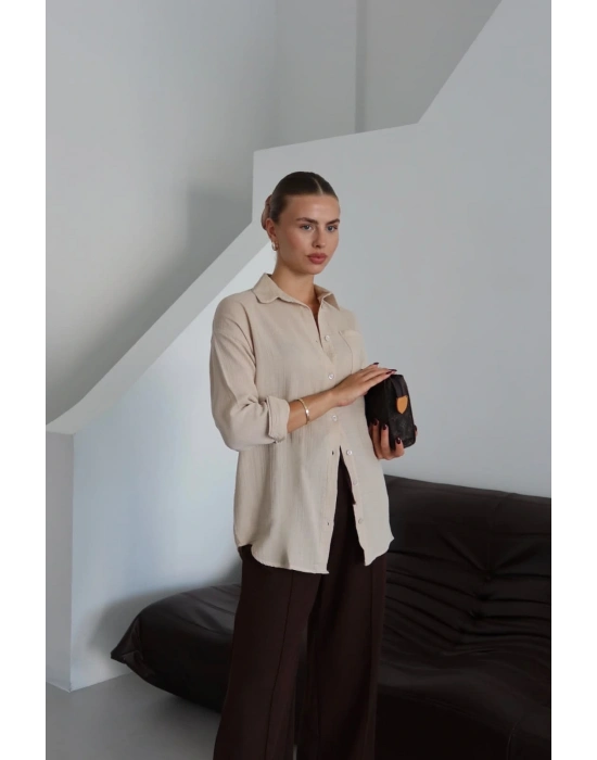 Tek cepli müslin gömlek bej pt