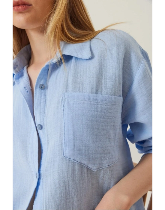 Tek cepli müslin gömlek mavi pt