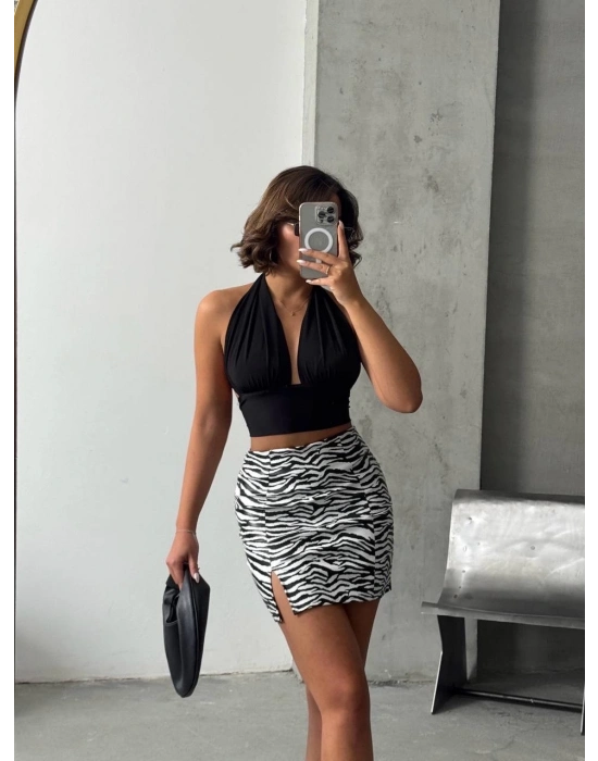 Tek yırtmaçlı zebra desenli deri etek beyazsiyah w24475-S