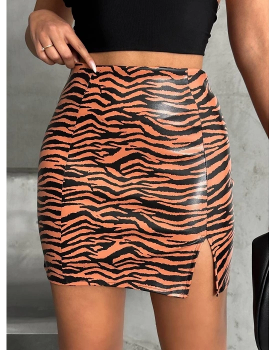 Tek yırtmaçlı zebra desenli deri etek kahvesiyah w24475-S