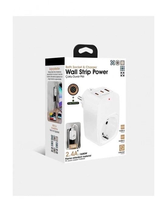 ÇOK SATAN Tekli Yüksek Voltaj Korumalı Duvar Prizi 2x Type-c 1x Usb Çıkışlı Priz Grup Priz Çoğaltıcı Siyah