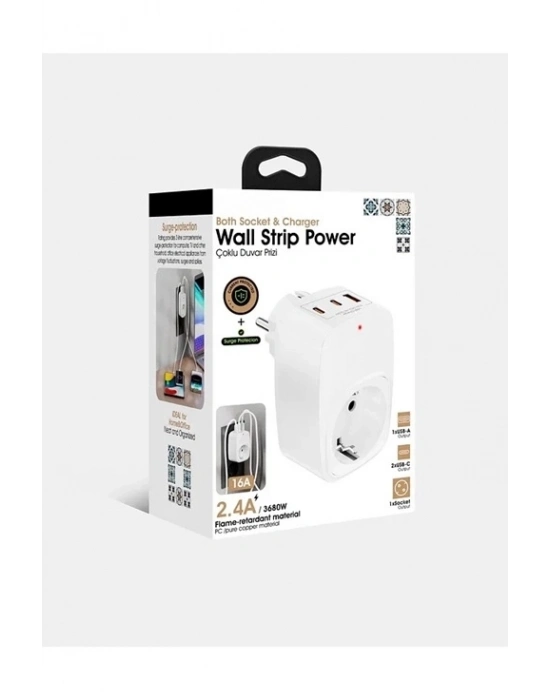 ÇOK SATAN Tekli Yüksek Voltaj Korumalı Duvar Prizi 2x Type-c 1x Usb Çıkışlı Priz Grup Priz Çoğaltıcı Beyaz