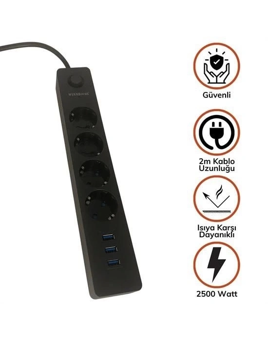 ÇOK SATAN Termak Akım Korumalı 4 Priz 3 USB Girişli Uzatma Kablosu Güç&Şarj