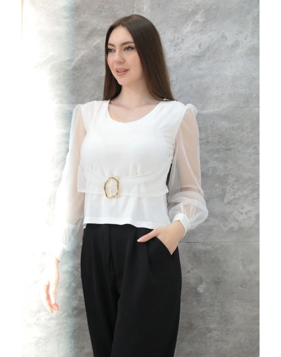 Tokalı tül kollu bluz beyaz t4071