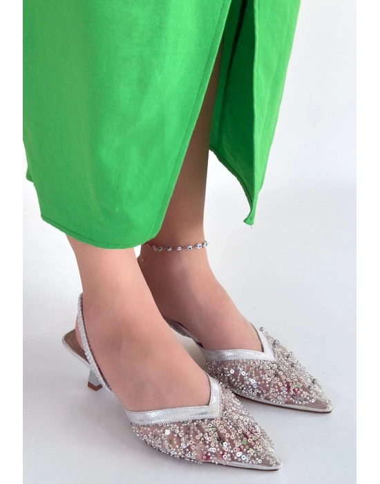 Toyi Gümüş Saten Topuklu Ayakkabı
