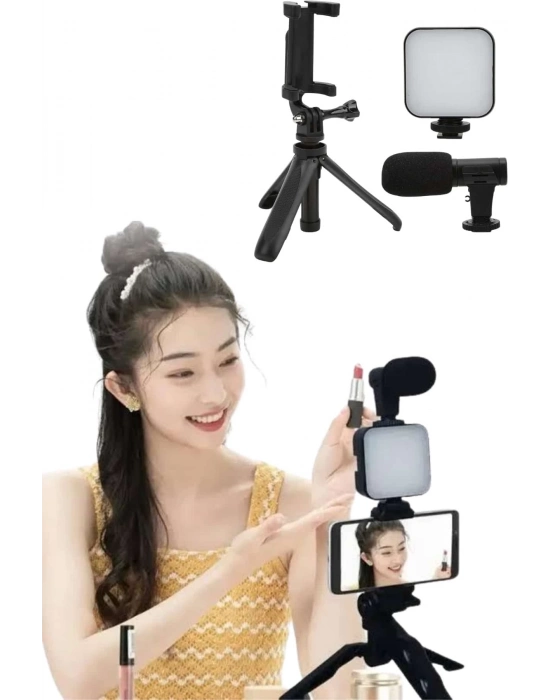 ÇOK SATAN Tripod Telefon Tutucu Kumandalı Mikrofon Led Işık Vlog Video Kayıt
