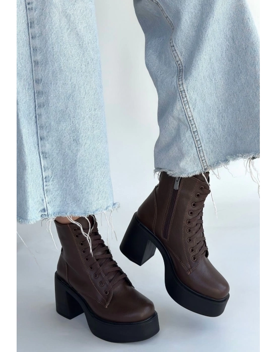 Tsan Kahverengi Cilt Bağcıklı Topuklu Bot