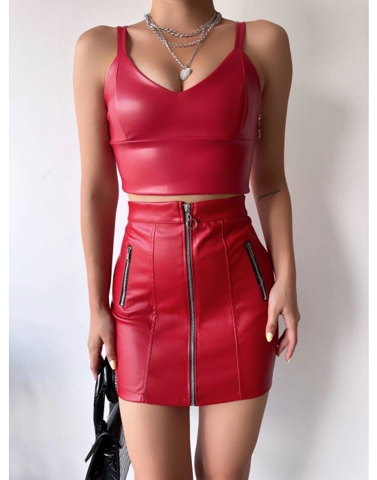 Üç fermuarlı deri etek bordo s24510