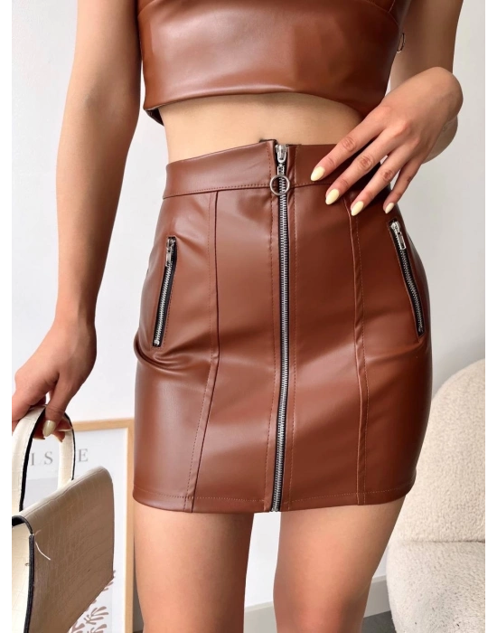 Üç fermuarlı deri etek kahve s24510