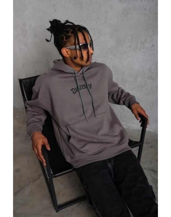 Üç İplik Baskılı Kapüşonlu Sweat - Gri