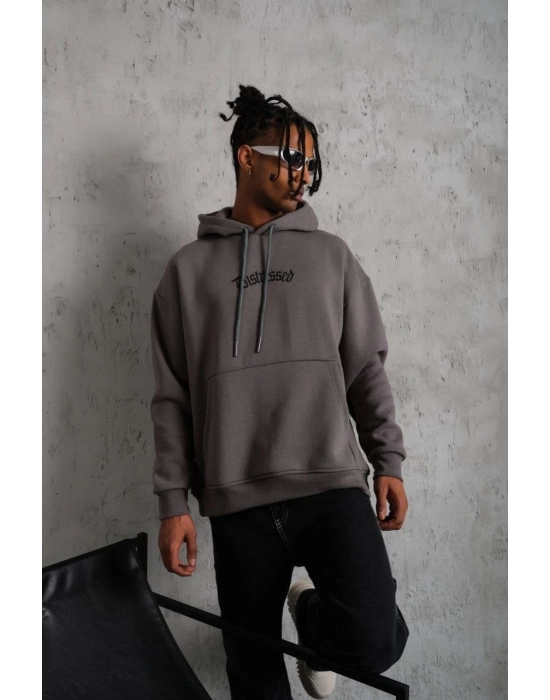 Üç İplik Baskılı Kapüşonlu Sweat - Gri