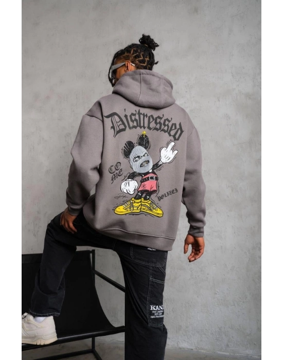 Üç İplik Baskılı Kapüşonlu Sweat - Gri