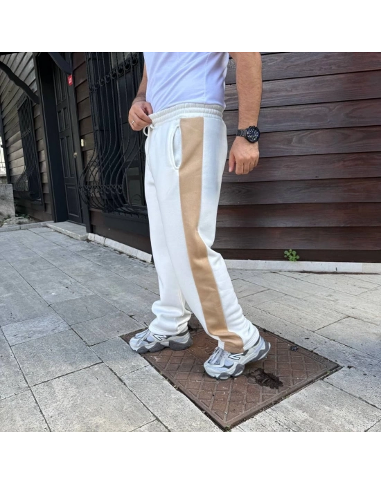 Üç İplik Kışlık Pamuklu Yandan Garneli Kalın Bej Şeritli Cepli Eşofman Altı - Beyaz