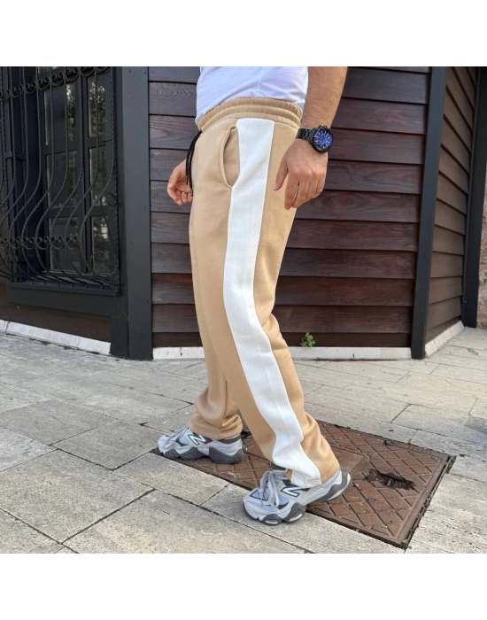 Üç İplik Kışlık Pamuklu Yandan Garneli Kalın Şeritli Cepli Eşofman Altı - Bej