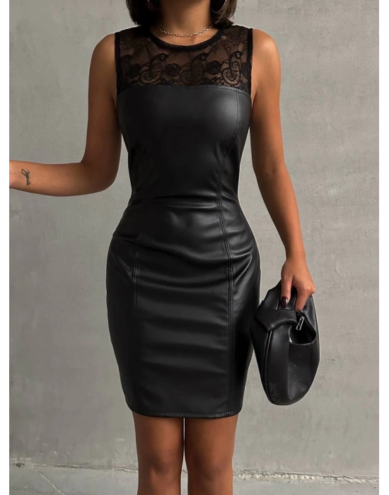 Üstü dantelli straplez deri elbise siyah w24421
