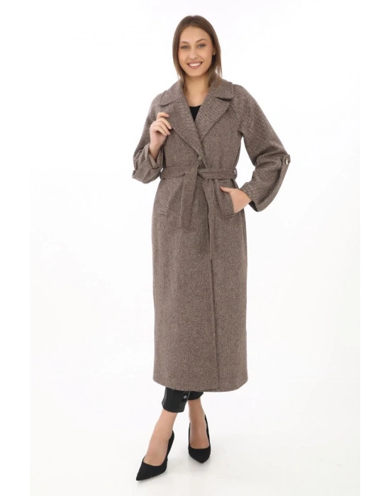 Uzun Kaşe Kaban – Yünlü Dokuma Kaşmir Kumaş, Kruvaze Yaka, Kuşaklı Astarlı Tesettür Uyumlu Şık Kışlık Siyah Model- Vizon