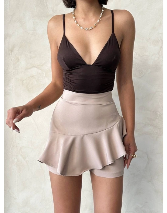 Valonlu fırfırlı şort bej s24683