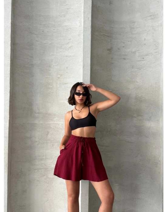 Volanlı keten şort bordo s255058