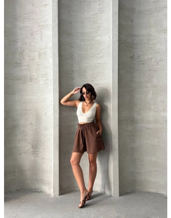 Volanlı keten şort kahve s255058