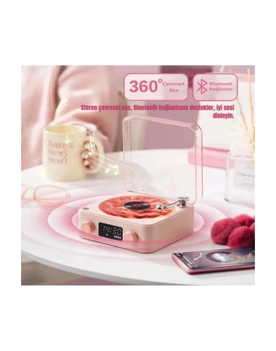 ÇOK SATAN Waves Nostalji Plak Görünümlü Bluetooth Hoparlör 3d Ses Dalgası Retro Müzik Plak Pembe