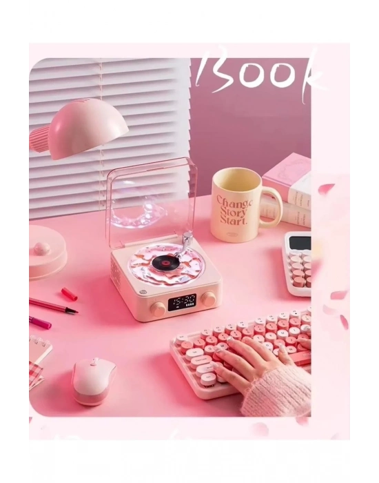 ÇOK SATAN Waves Nostalji Plak Görünümlü Bluetooth Hoparlör 3d Ses Dalgası Retro Müzik Plak Pembe