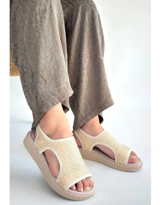 Wayi Bej Hasır Cilt Sandalet