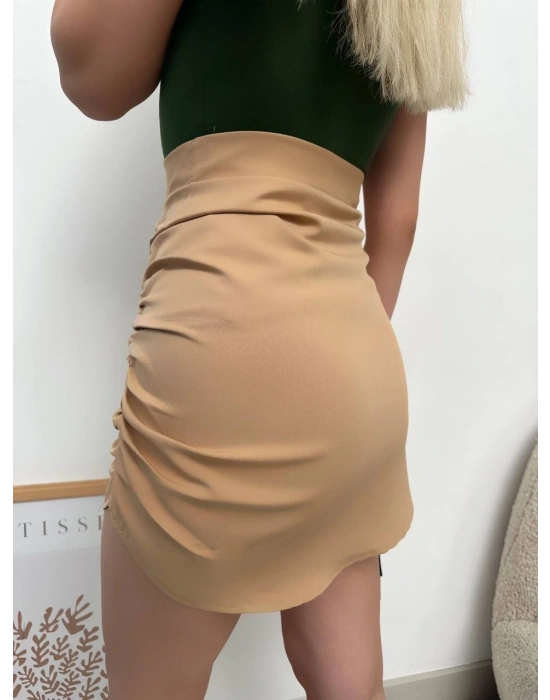 Yanı büzgülü etek camel s24718