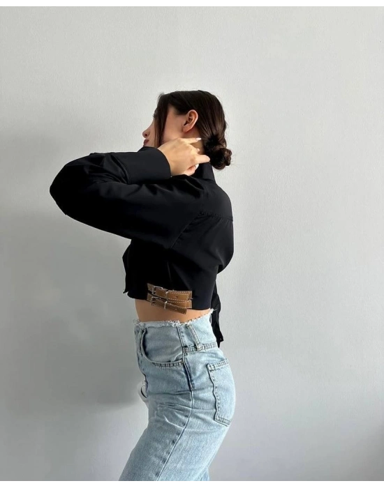 Yanı kemer detaylı crop gömlek siyah s4009