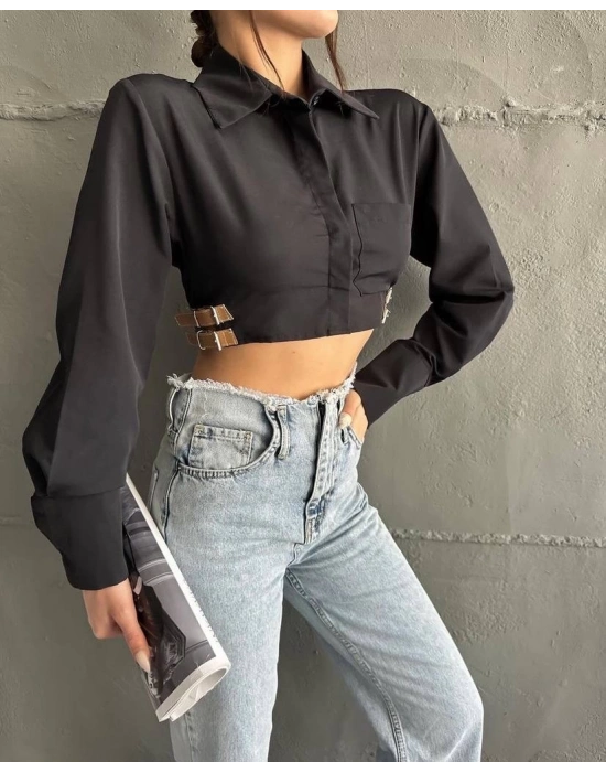 Yanı kemer detaylı crop gömlek siyah s4009
