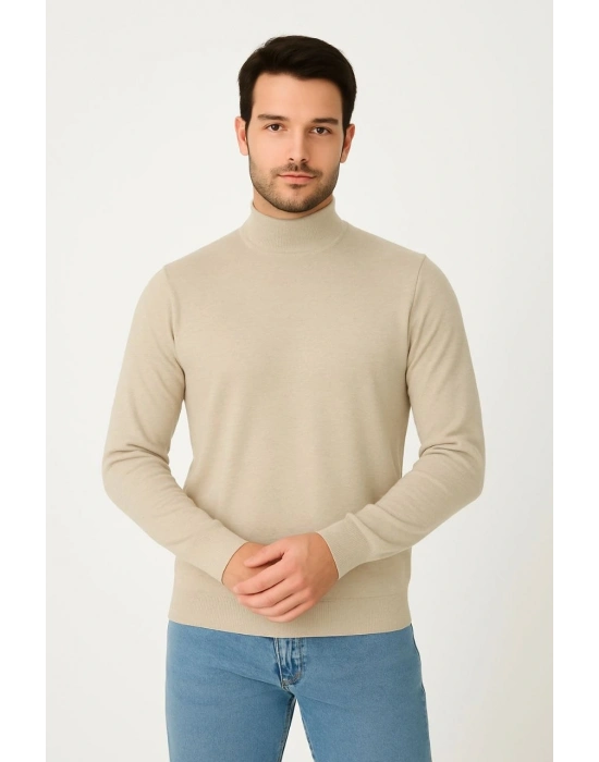 Yarım Boğaz Triko Kazak-hat Regular kalıp - Bej