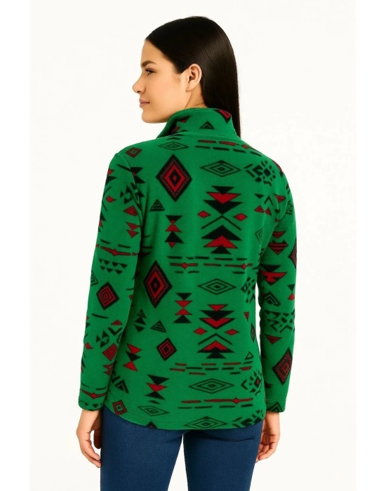 Yarım Fermuarlı Desenli Polar Sweat Tribal Etnik Desen Yakalı, Uzun Kollu, Oversize Rahat Kalıp - Yeşil -
