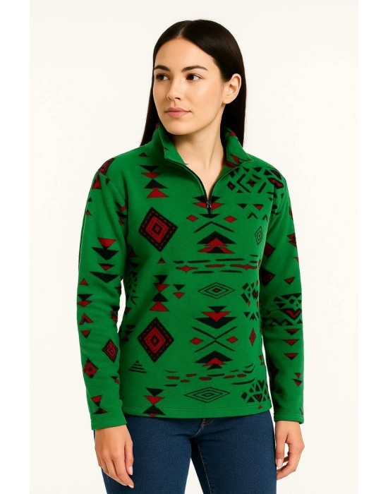 Yarım Fermuarlı Desenli Polar Sweat Tribal Etnik Desen Yakalı, Uzun Kollu, Oversize Rahat Kalıp - Yeşil -