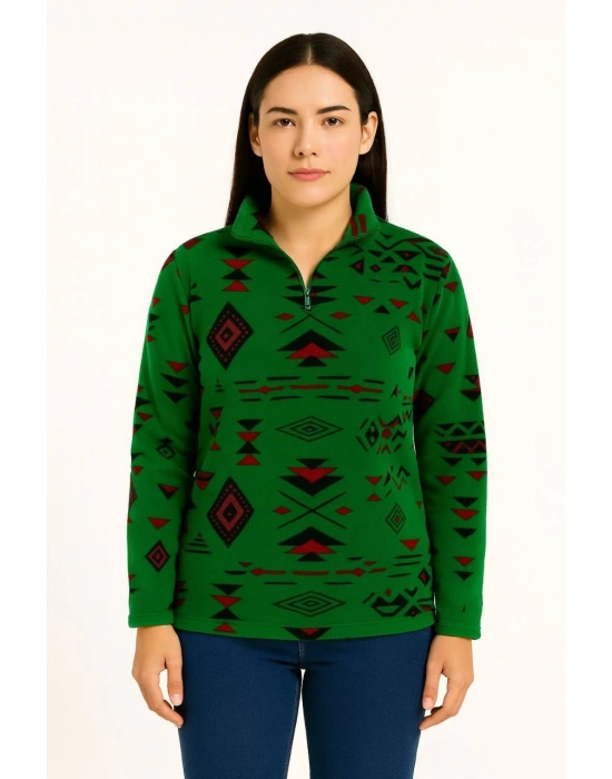 Yarım Fermuarlı Desenli Polar Sweat Tribal Etnik Desen Yakalı, Uzun Kollu, Oversize Rahat Kalıp - Yeşil -