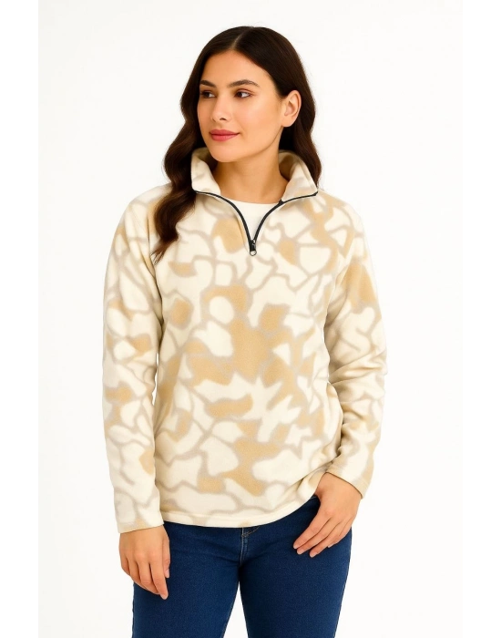 Yarım Fermuarlı Desenli Polar Sweat Yakalı, Uzun Kollu, Oversize Rahat Kalıp - Bej -