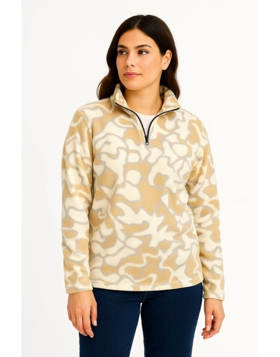 Yarım Fermuarlı Desenli Polar Sweat Yakalı, Uzun Kollu, Oversize Rahat Kalıp - Bej -