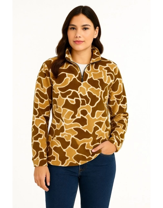 Yarım Fermuarlı Desenli Polar Sweat Yakalı, Uzun Kollu, Oversize Rahat Kalıp - Kahverengi -