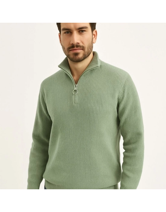 Yarım Fermuarlı Triko Kazak  Mint Yeşili -