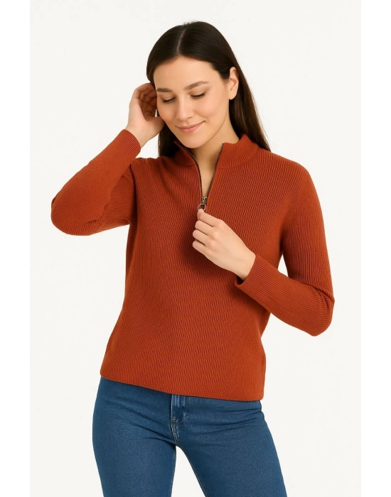 Yarım Fermuarlı Triko Kazak – Selanik Örgü, Dik Yaka, Pamuklu Dokuma, Oversize Uzun Kollu Kışlık Model - Kiremit