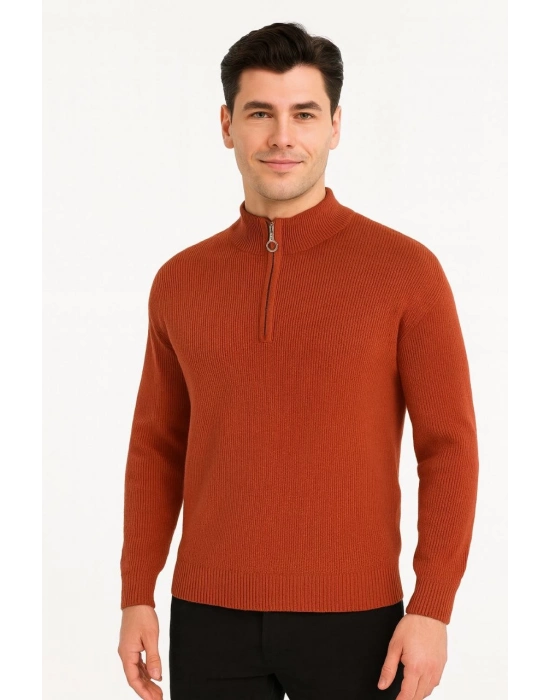 Yarım Fermuarlı Triko Kazak – Selanik Örgü, Dik Yaka, Pamuklu Dokuma, Oversize Uzun Kollu Kışlık Model - Füme