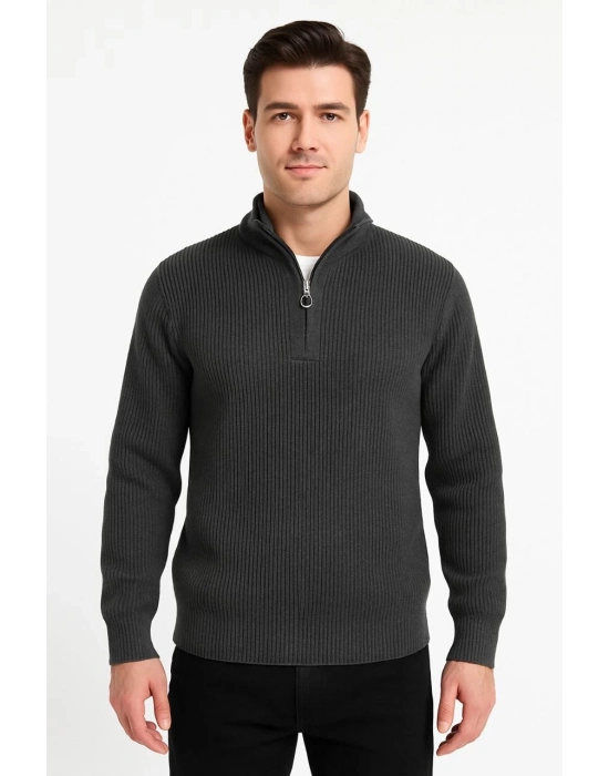Yarım Fermuarlı Triko Kazak – Selanik Örgü, Dik Yaka, Pamuklu Dokuma, Regular Fit Uzun Kollu Kışlık Model - Füme