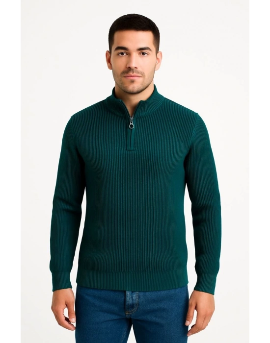 Yarım Fermuarlı Triko Kazak – Selanik Örgü, Dik Yaka, Pamuklu Dokuma, Regular Fit Uzun Kollu Kışlık Model - Haki -