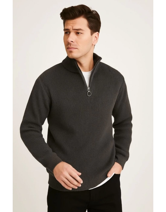 Yarım Fermuarlı Triko Kazak – Selanik Örgü, Dik Yaka, Pamuklu Dokuma, Regular Fit Uzun Kollu Kışlık Model - Füme