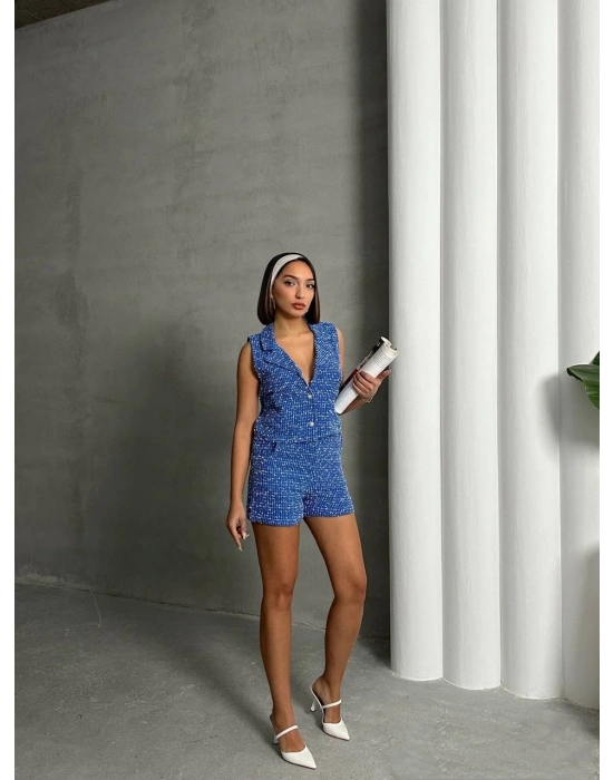 Yelekli şort takım saks