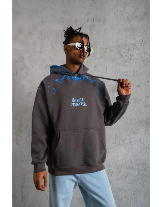 Yıldırım Baskılı Kapşonlu Sweatshirt - Gri