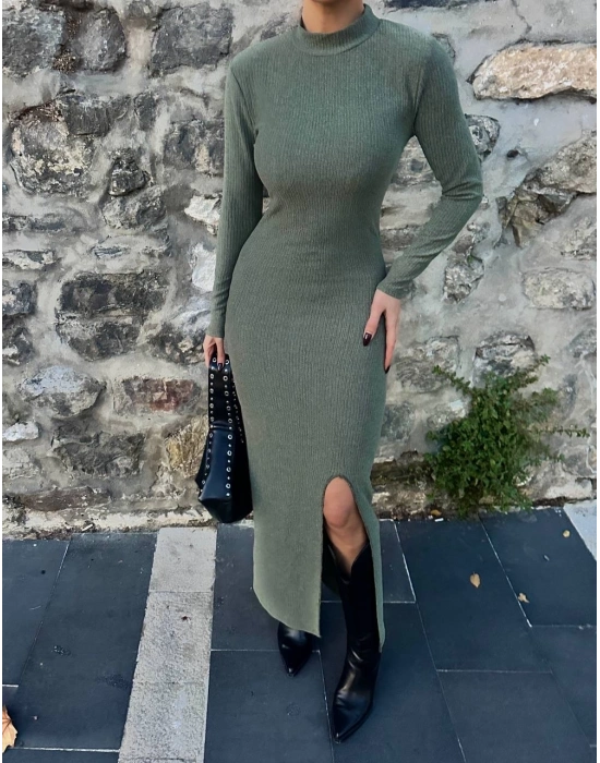 Yırtmaçlı kalın bürümcük uzun elbise Yeşil