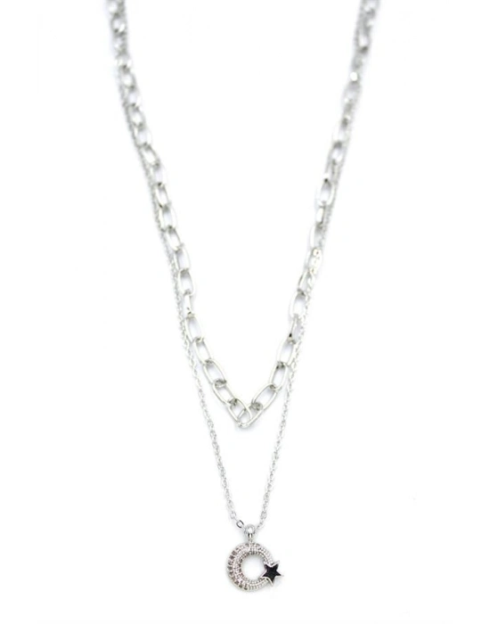 Çoklu Ay Yıldız Kolye - Gümüş