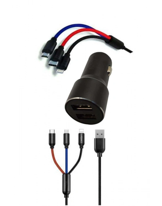 Çoklu Hızlı Şarj Kablosu ve Seyahat Araç Şarj Soketi Type-C Mikro İphone Uyumlu 1.2 Metre 3A